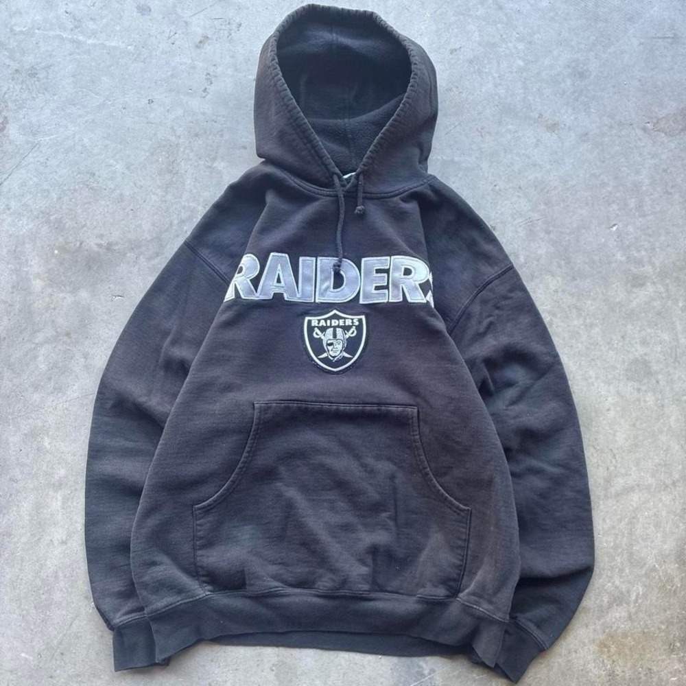 Vintage‎ Raiders Football Team Hoodie Faded Black Made in Canada Size L